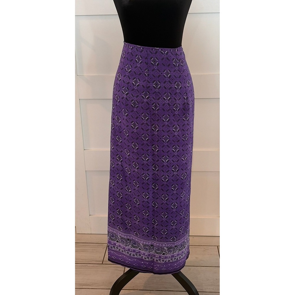 Vintage Purple Geometric Medallion Print Maxi Skirt High Waisted Column Boho 10 - Picture 1 of 4